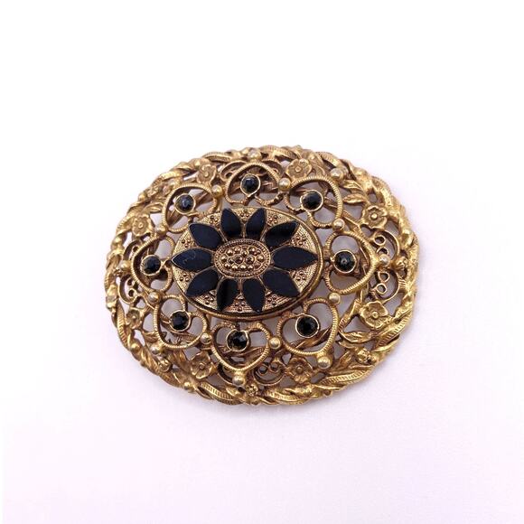 Vintage Large Brooch With Obsidian Stone Floral Design Gold Tone Filigree - Picture 4 of 7